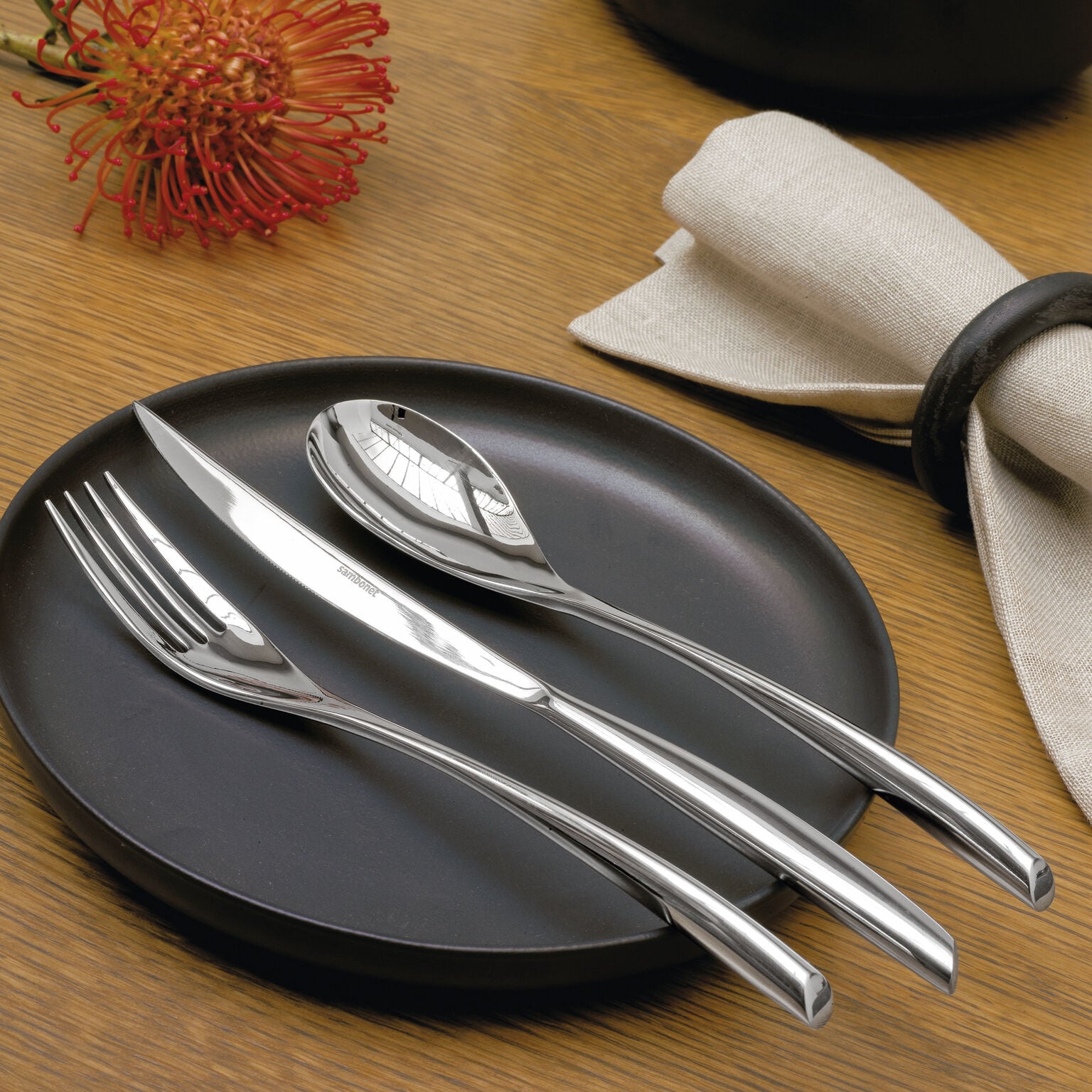 Table fork 3 prongs , Silverplated Steel, Bamboo, Sambonet