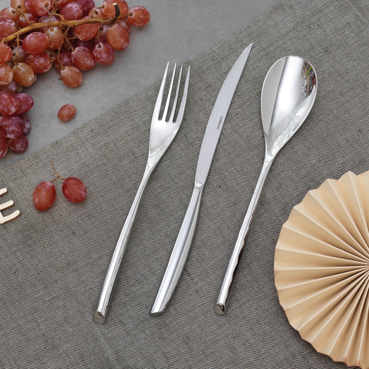Table fork 3 prongs , Silverplated Steel, Bamboo, Sambonet